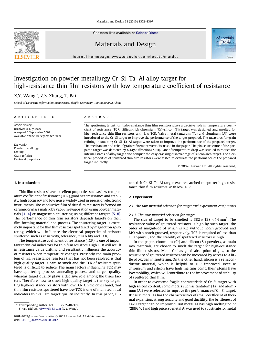 Investigation on powder metallurgy Cr–Si–Ta–Al alloy target for high-resistance thin film resistors with low temperature coefficient of resistance