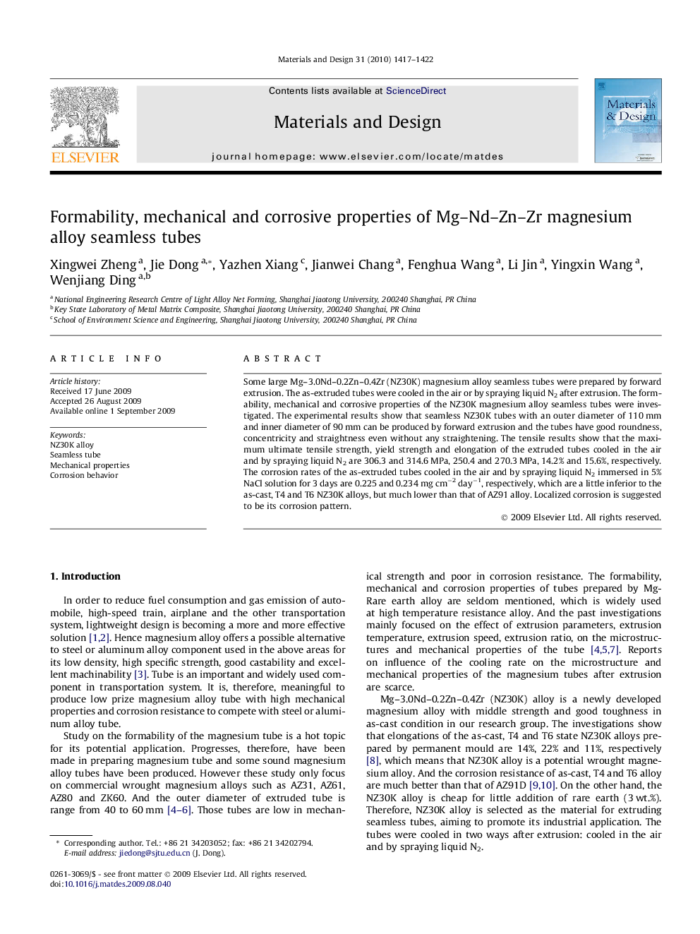 Formability, mechanical and corrosive properties of Mg–Nd–Zn–Zr magnesium alloy seamless tubes