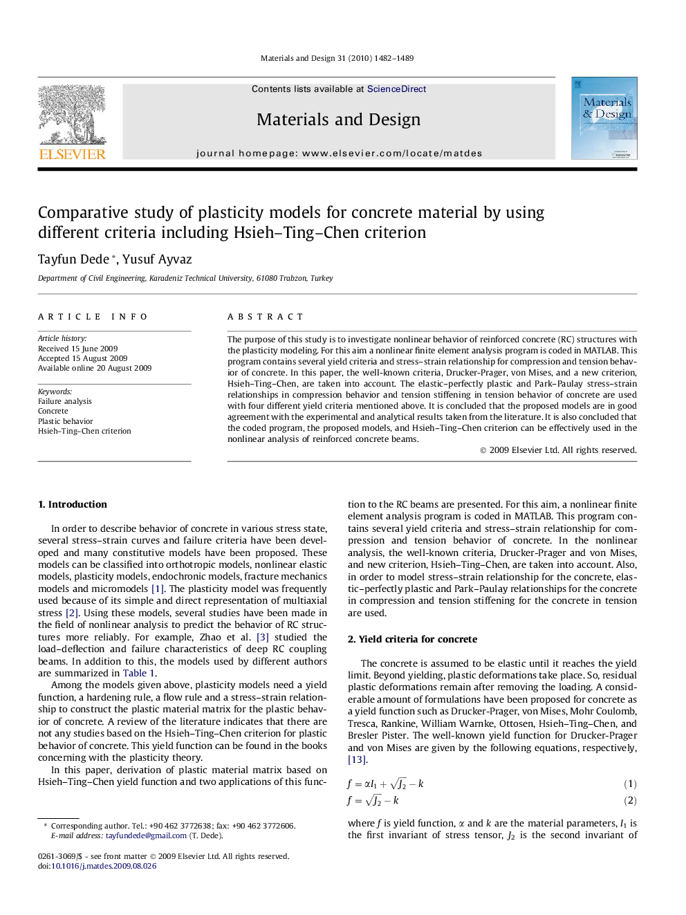 Comparative study of plasticity models for concrete material by using different criteria including Hsieh–Ting–Chen criterion