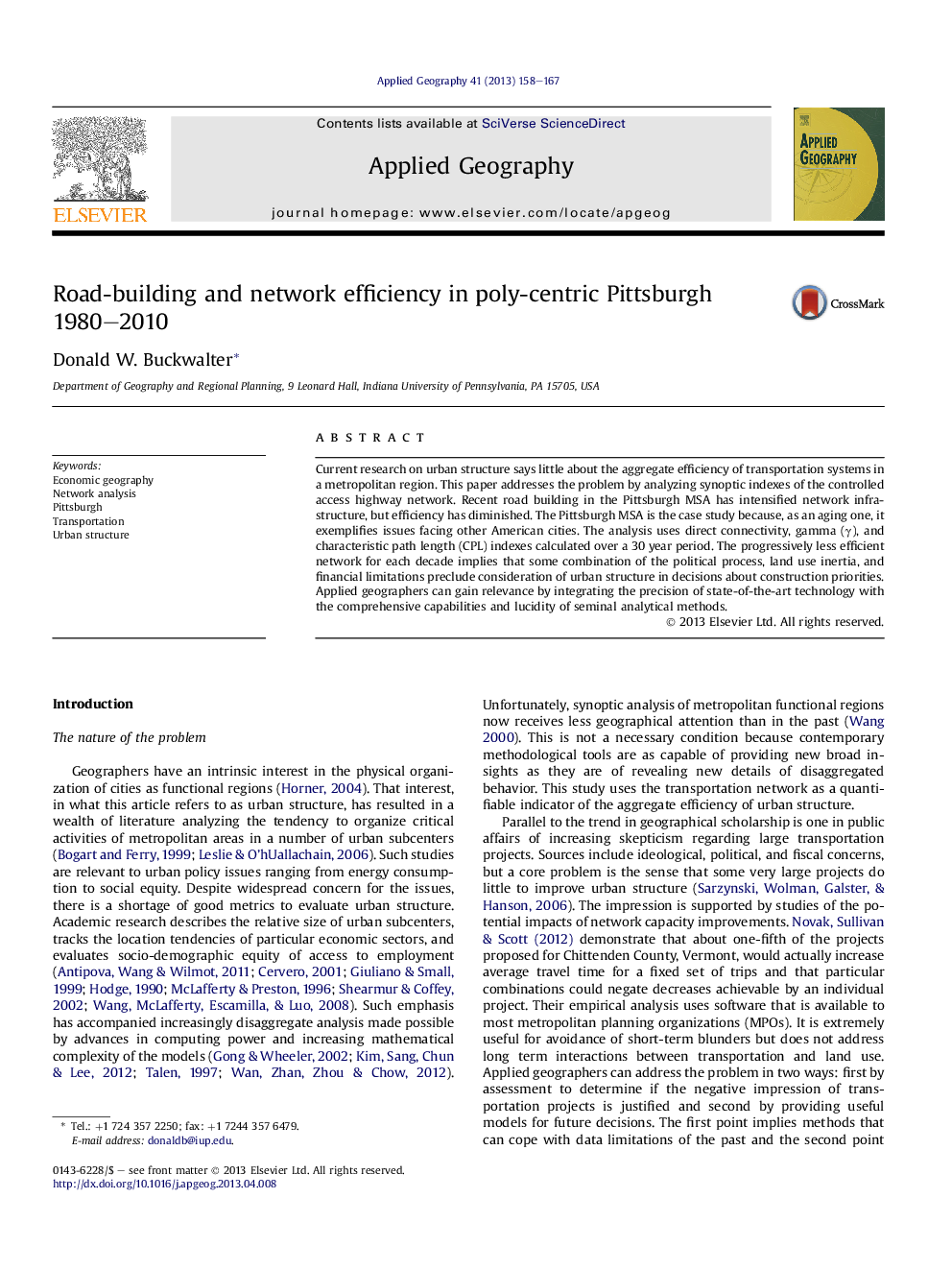 Road-building and network efficiency in poly-centric Pittsburgh 1980–2010