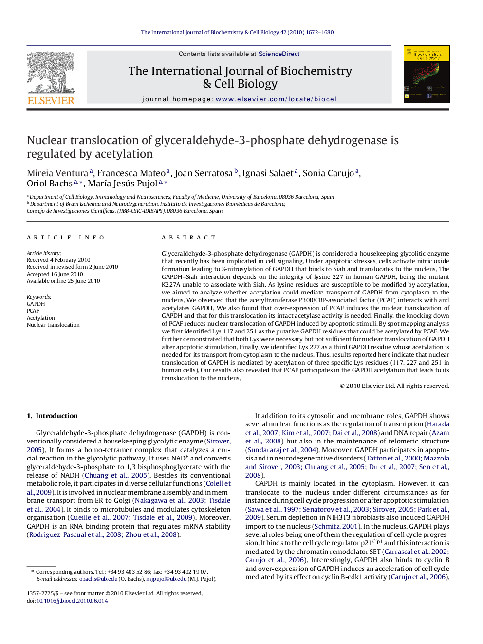 عکس صفحه اول مقاله: Nuclear translocation of glyceraldehyde-3-phosphate dehydrogenase is regulated by acetylation Nuclear translocation of glyceraldehyde-3-phosphate dehydrogenase is regulated by acetylation