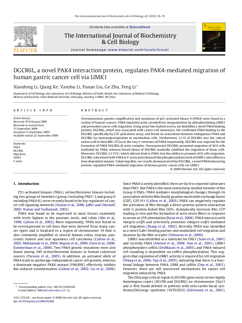 DGCR6L, a novel PAK4 interaction protein, regulates PAK4-mediated migration of human gastric cancer cell via LIMK1