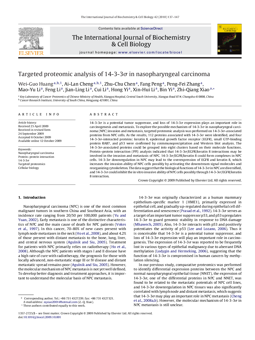 Targeted proteomic analysis of 14-3-3Ï in nasopharyngeal carcinoma