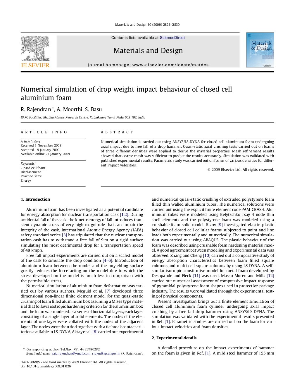 Numerical simulation of drop weight impact behaviour of closed cell aluminium foam