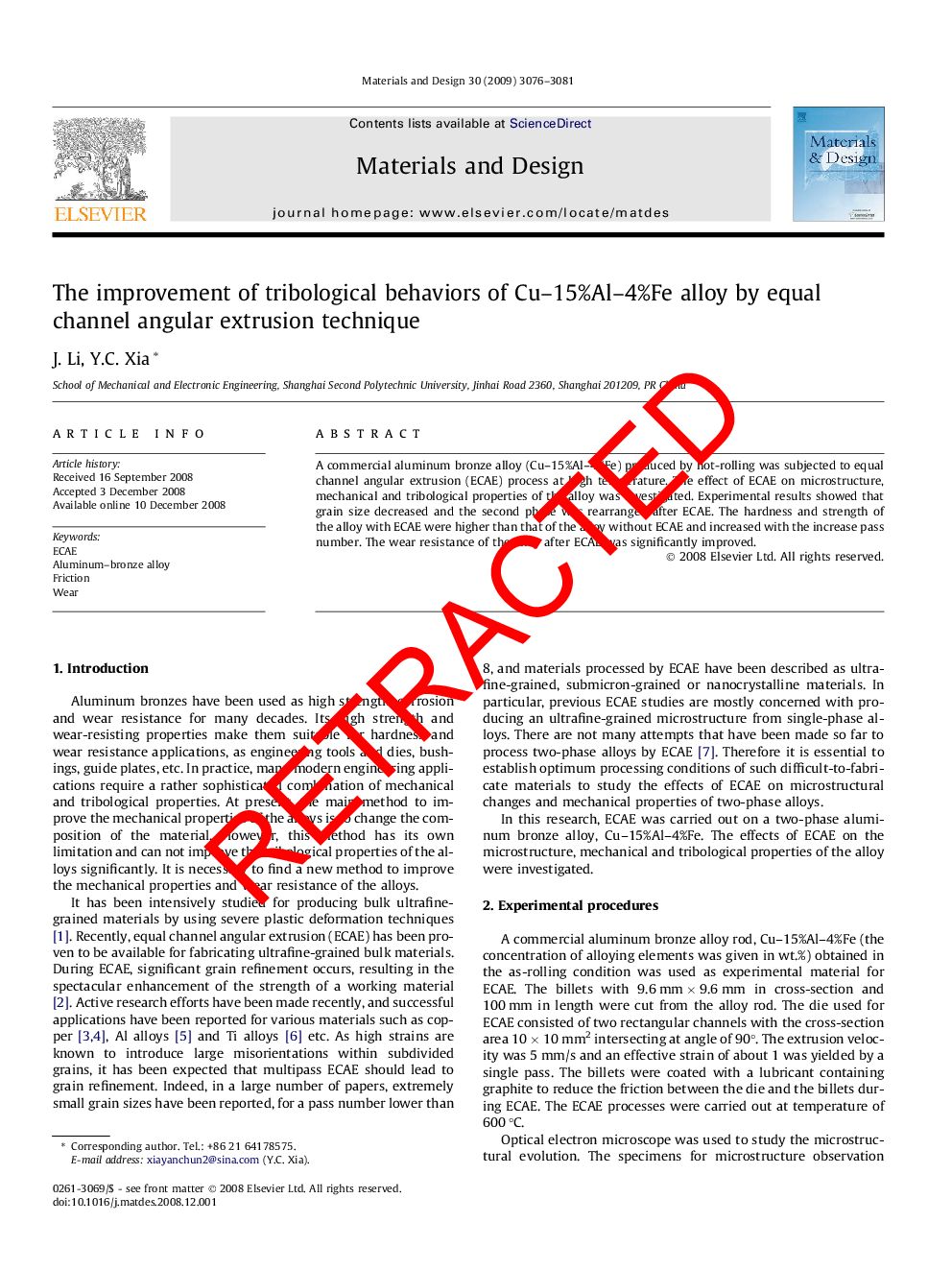 RETRACTED: The improvement of tribological behaviors of Cu–15%Al–4%Fe alloy by equal channel angular extrusion technique