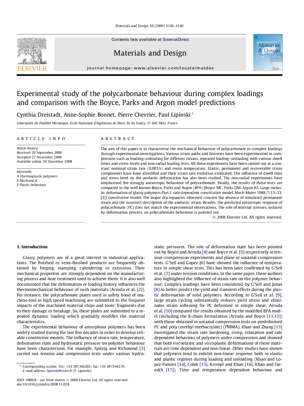 Experimental study of the polycarbonate behaviour during complex loadings and comparison with the Boyce, Parks and Argon model predictions