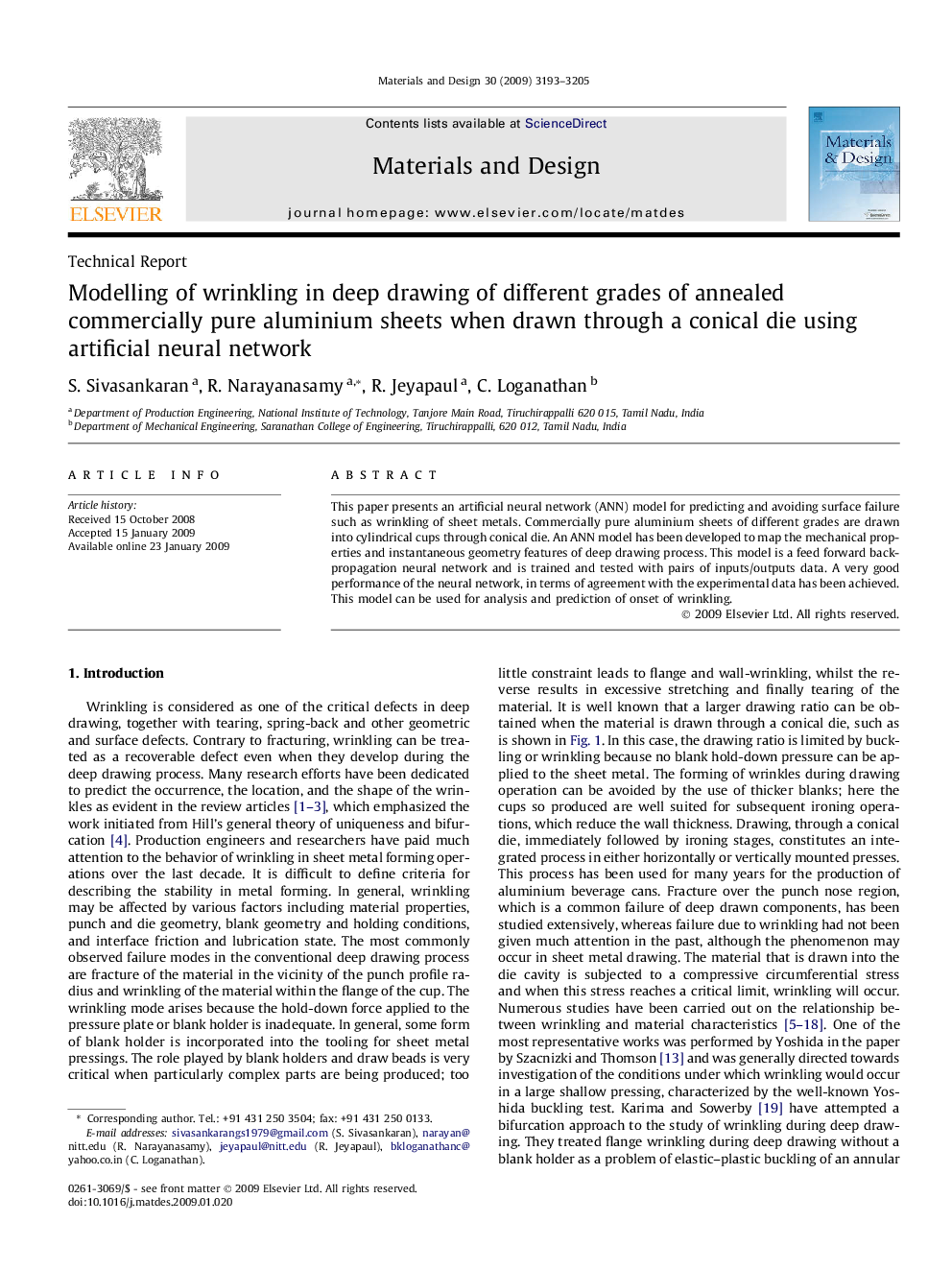 Modelling of wrinkling in deep drawing of different grades of annealed commercially pure aluminium sheets when drawn through a conical die using artificial neural network