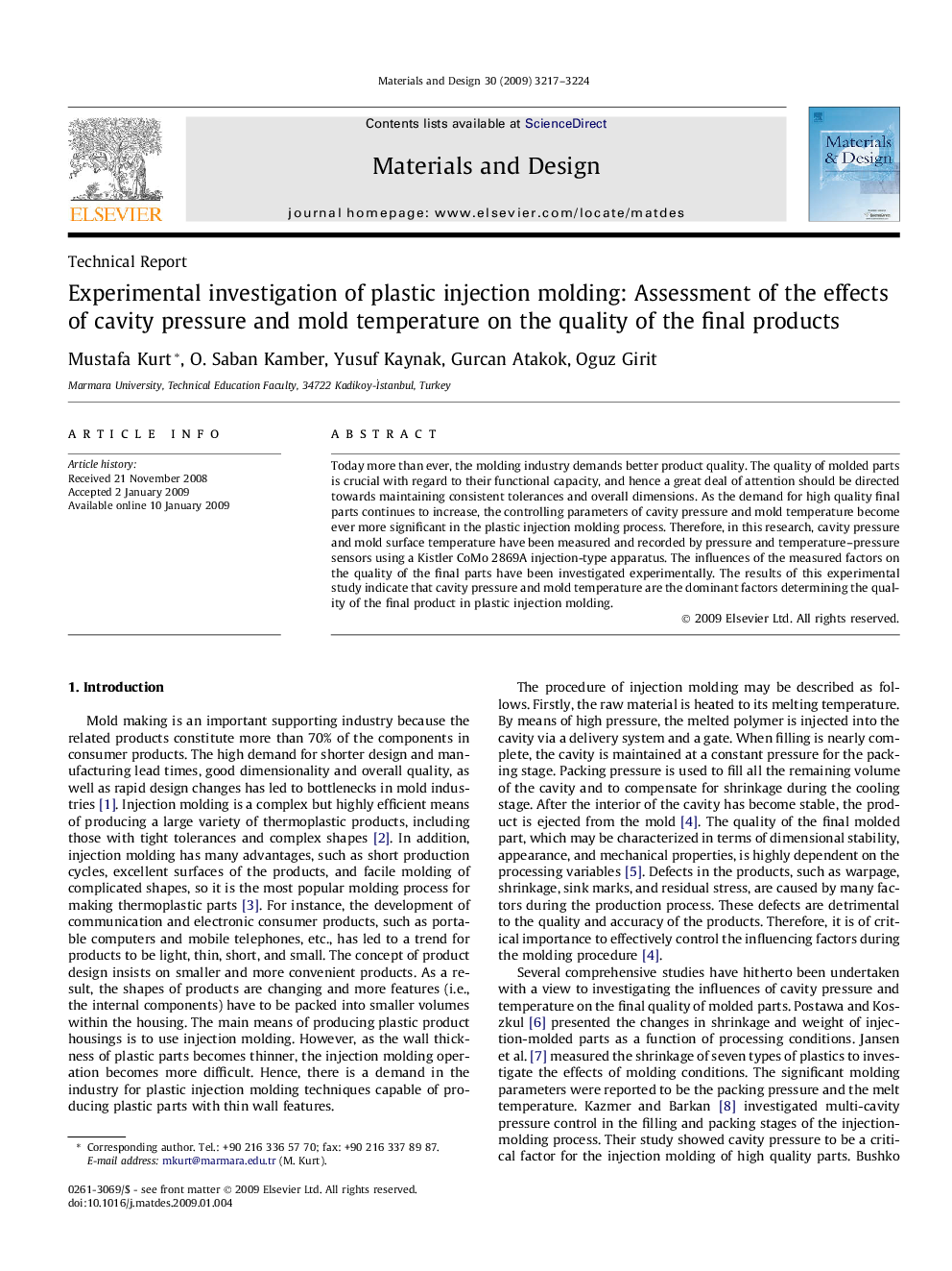 Experimental investigation of plastic injection molding: Assessment of the effects of cavity pressure and mold temperature on the quality of the final products