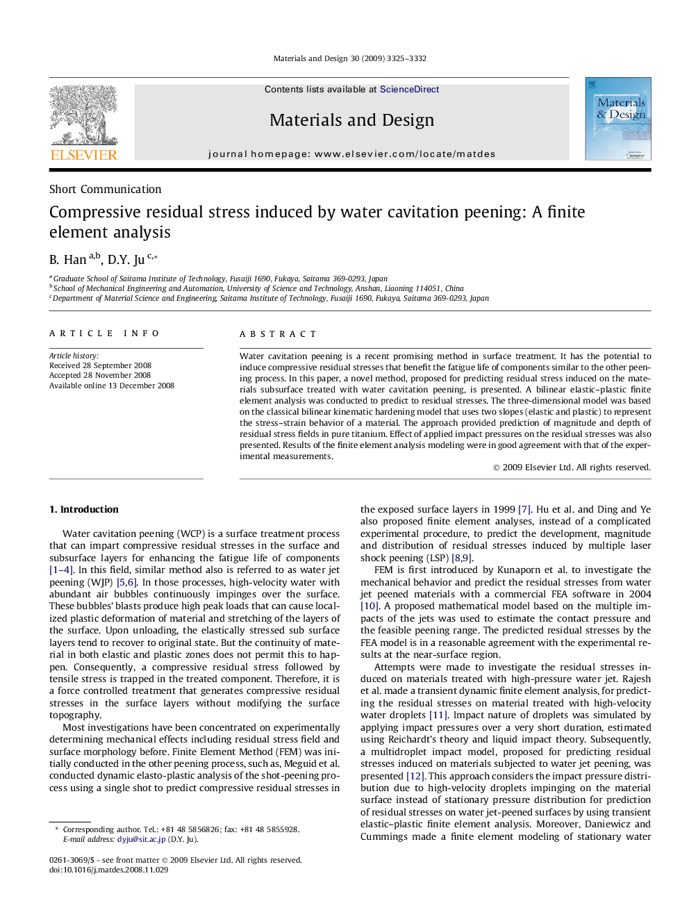 Compressive residual stress induced by water cavitation peening: A finite element analysis