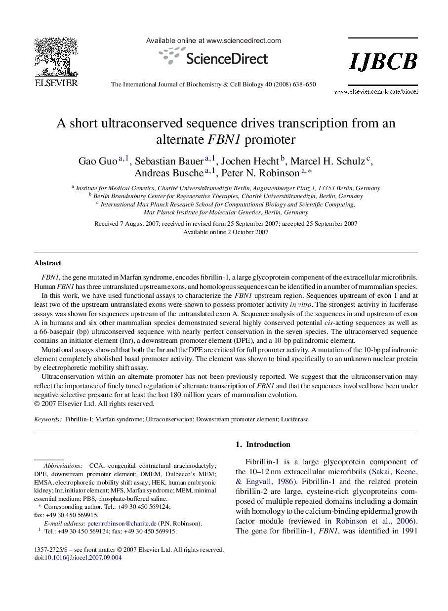 عکس صفحه اول مقاله: A short ultraconserved sequence drives transcription from an alternate FBN1 promoter A short ultraconserved sequence drives transcription from an alternate FBN1 promoter