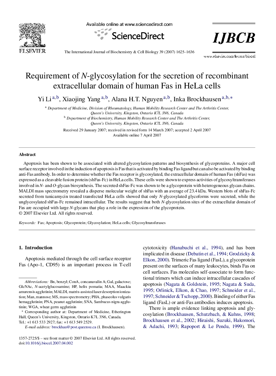 Requirement of N-glycosylation for the secretion of recombinant extracellular domain of human Fas in HeLa cells