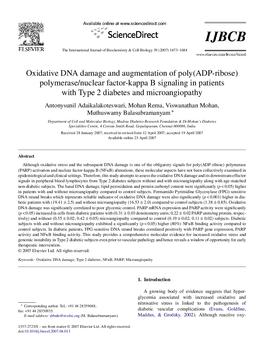 Oxidative DNA damage and augmentation of poly(ADP-ribose) polymerase/nuclear factor-kappa B signaling in patients with Type 2 diabetes and microangiopathy