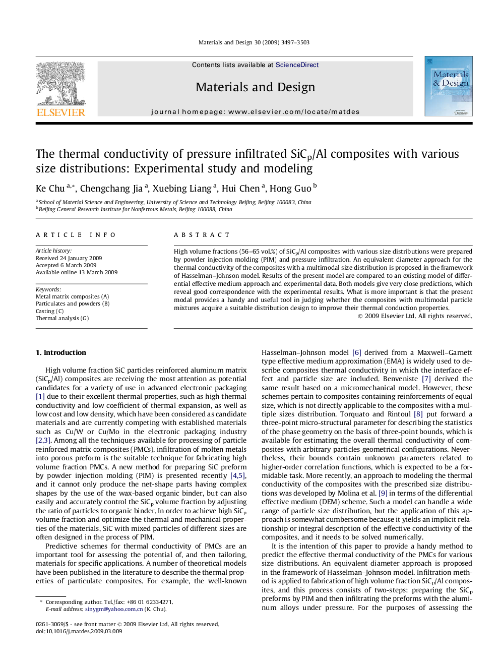 The thermal conductivity of pressure infiltrated SiCp/Al composites with various size distributions: Experimental study and modeling