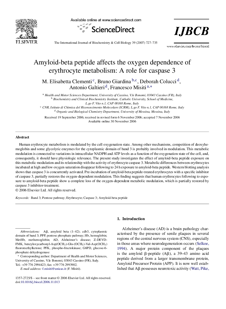 Amyloid-beta peptide affects the oxygen dependence of erythrocyte metabolism: A role for caspase 3