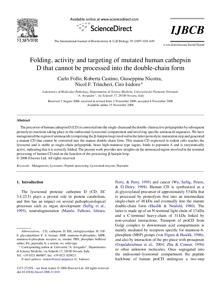 Folding, activity and targeting of mutated human cathepsin D that cannot be processed into the double-chain form