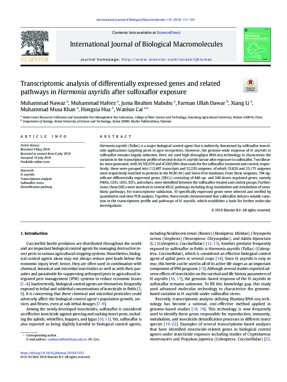 Transcriptomic analysis of differentially expressed genes and related pathways in Harmonia axyridis after sulfoxaflor exposure