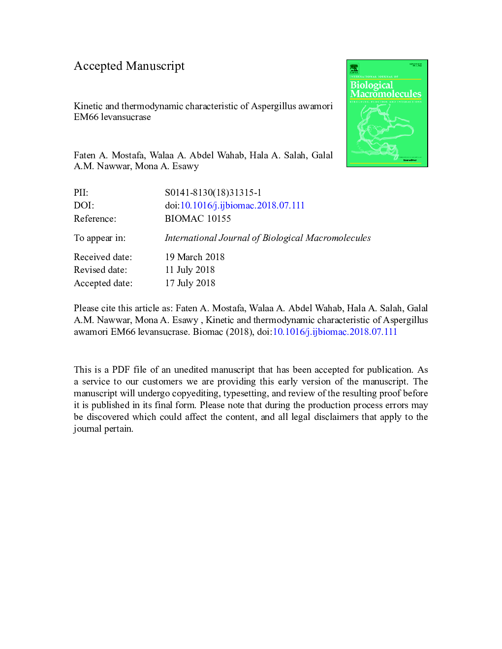 Kinetic and thermodynamic characteristic of Aspergillus awamori EM66 levansucrase