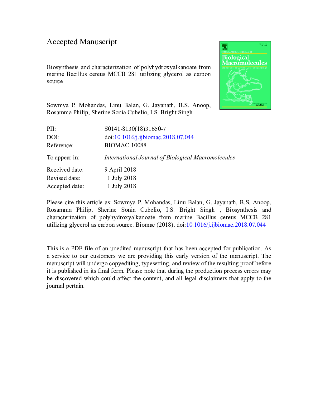 Biosynthesis and characterization of polyhydroxyalkanoate from marine Bacillus cereus MCCB 281 utilizing glycerol as carbon source