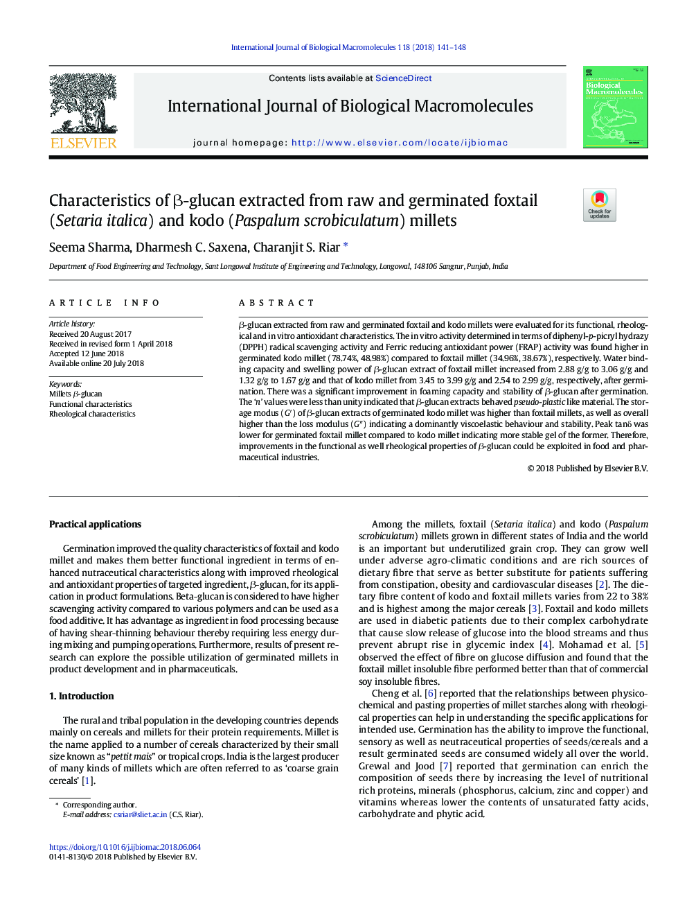 Characteristics of Î²-glucan extracted from raw and germinated foxtail (Setaria italica) and kodo (Paspalum scrobiculatum) millets