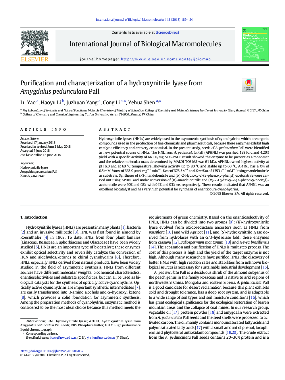 Purification and characterization of a hydroxynitrile lyase from Amygdalus pedunculata Pall