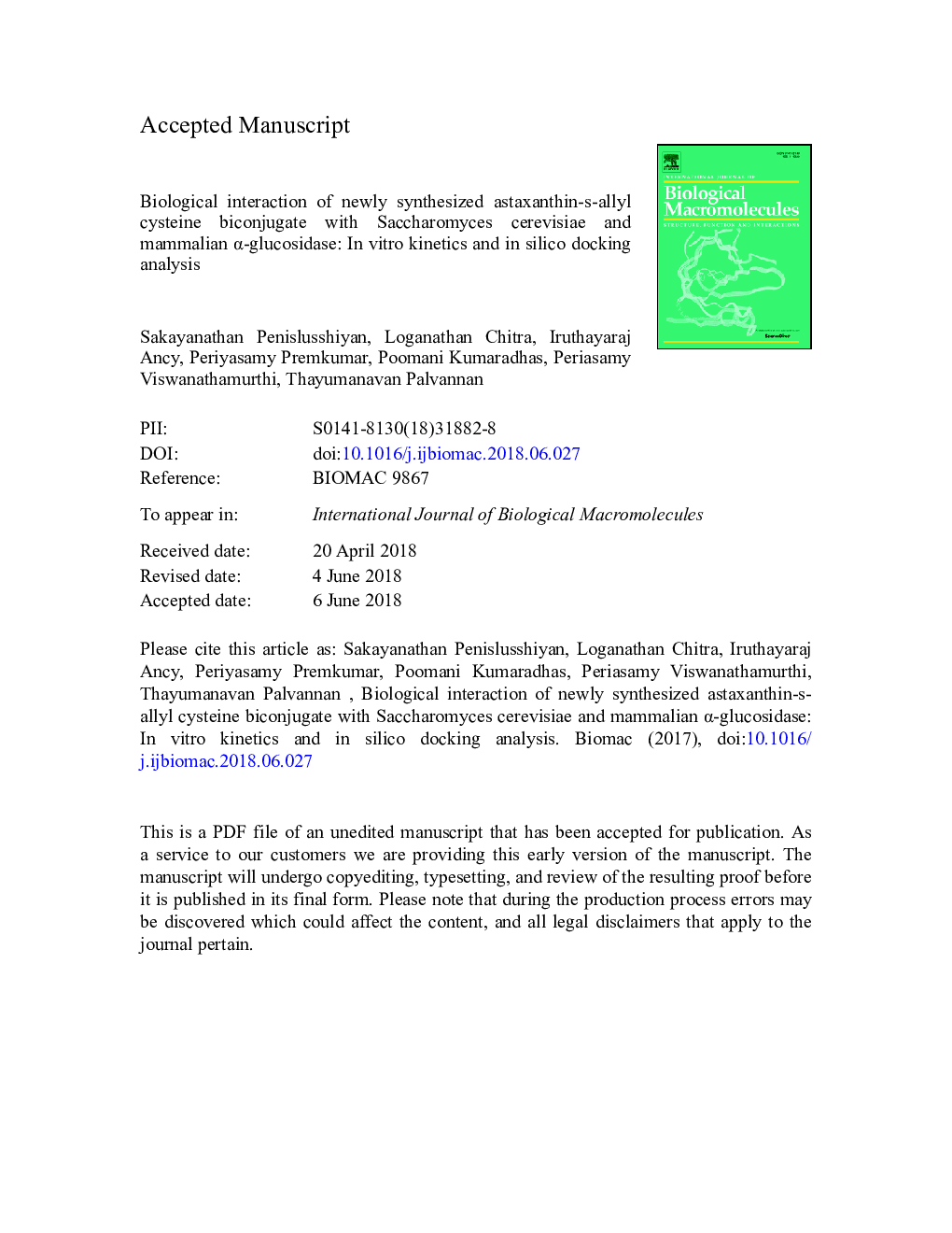 Biological interaction of newly synthesized astaxanthin-s-allyl cysteine biconjugate with Saccharomyces cerevisiae and mammalian Î±-glucosidase: In vitro kinetics and in silico docking analysis