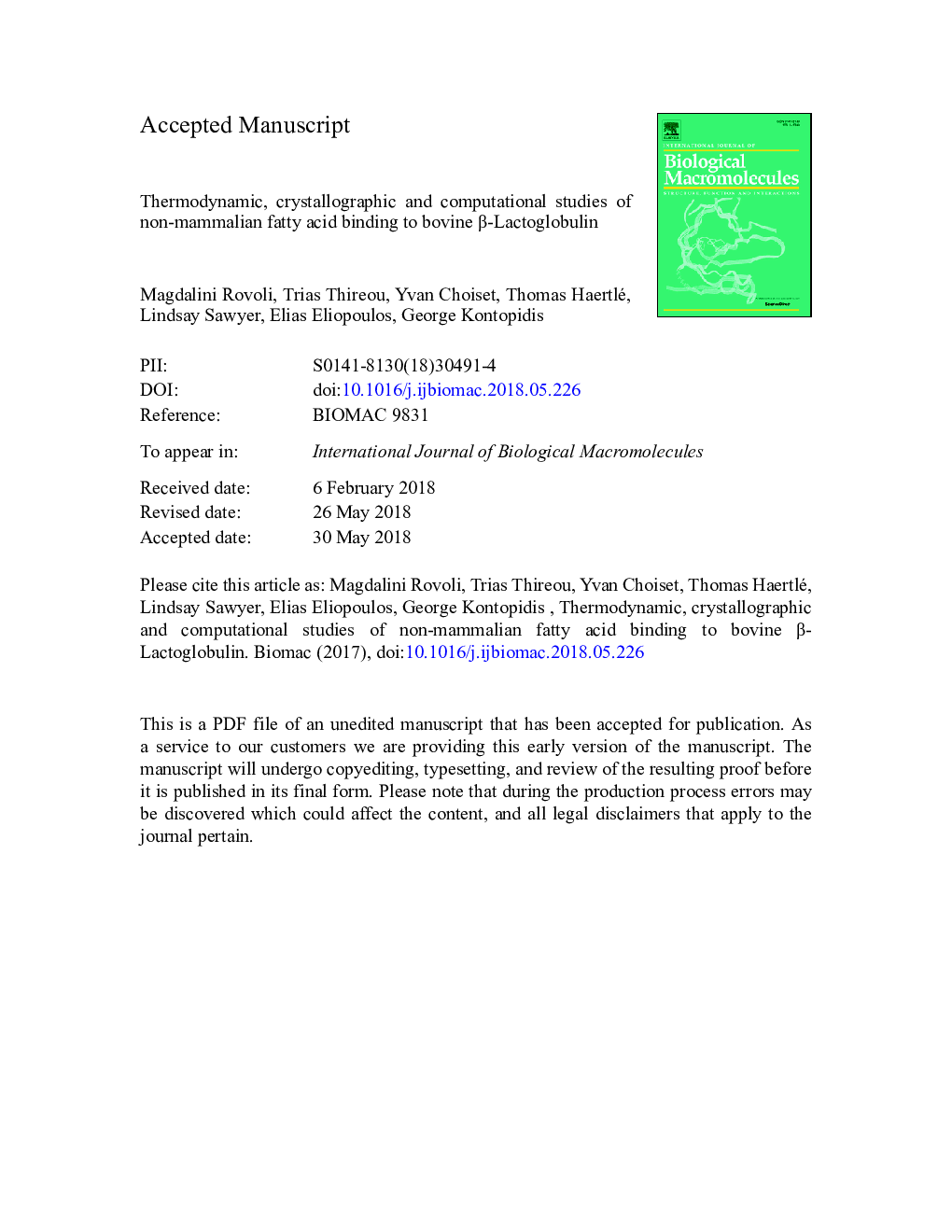 Thermodynamic, crystallographic and computational studies of non-mammalian fatty acid binding to bovine Î²-Lactoglobulin