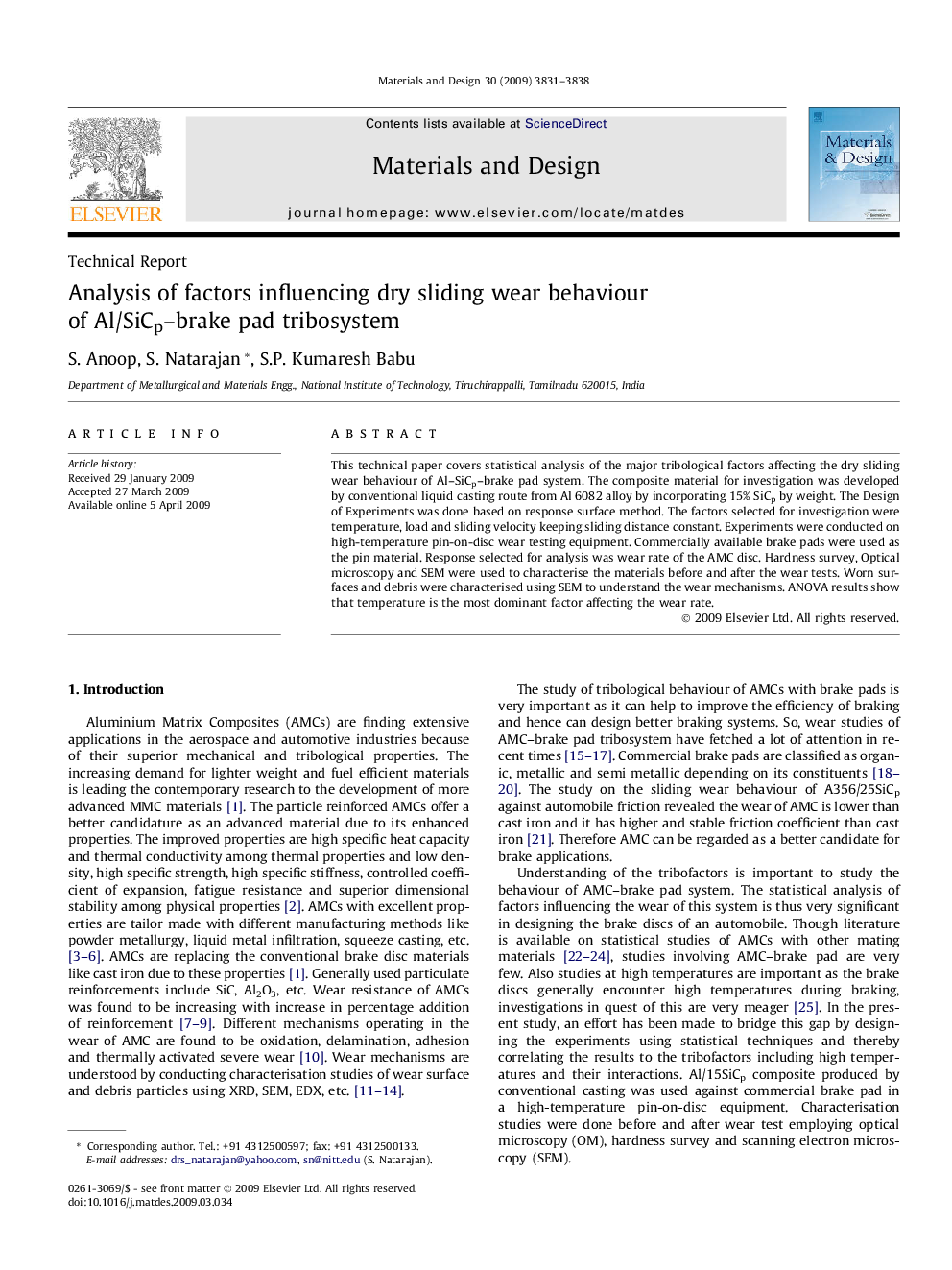 Analysis of factors influencing dry sliding wear behaviour of Al/SiCp–brake pad tribosystem