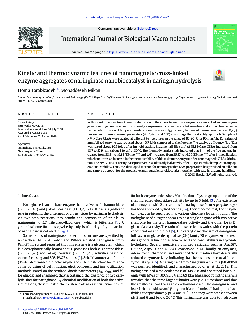 Kinetic and thermodynamic features of nanomagnetic cross-linked enzyme aggregates of naringinase nanobiocatalyst in naringin hydrolysis