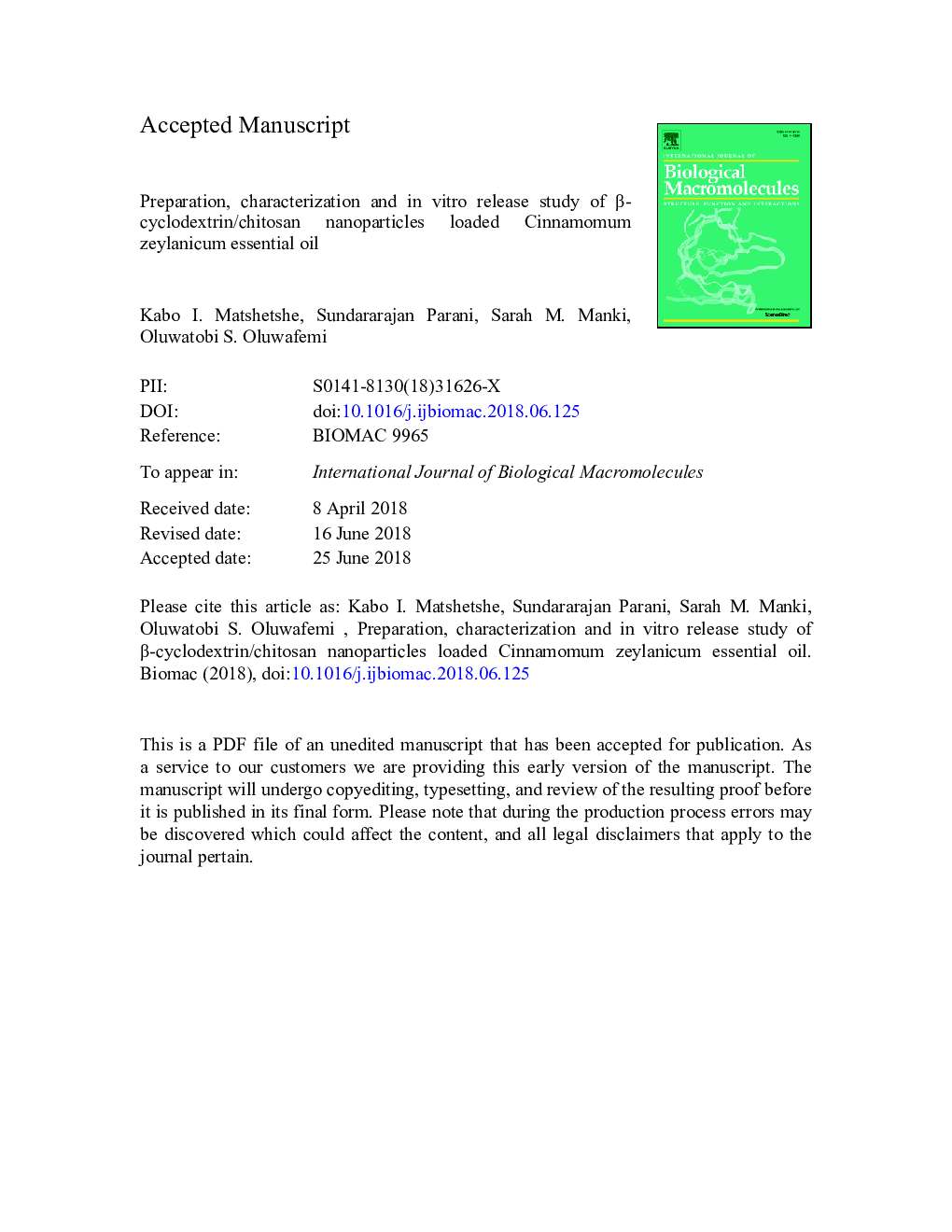 Preparation, characterization and in vitro release study of Î²-cyclodextrin/chitosan nanoparticles loaded Cinnamomum zeylanicum essential oil