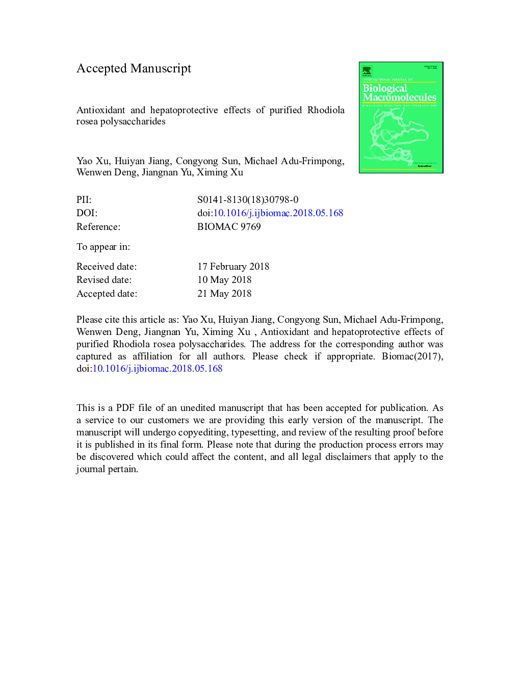 Antioxidant and hepatoprotective effects of purified Rhodiola rosea polysaccharides