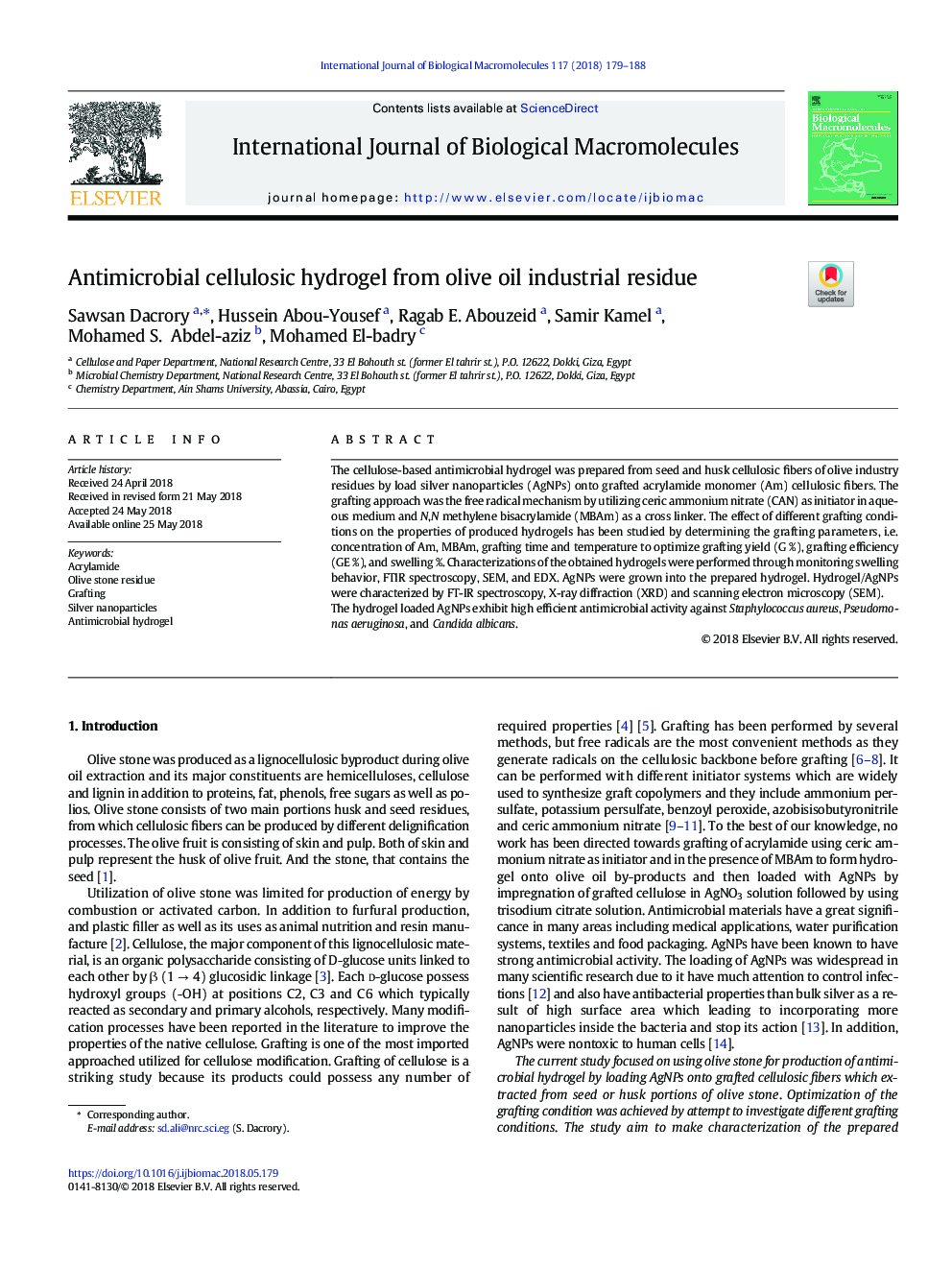 Antimicrobial cellulosic hydrogel from olive oil industrial residue