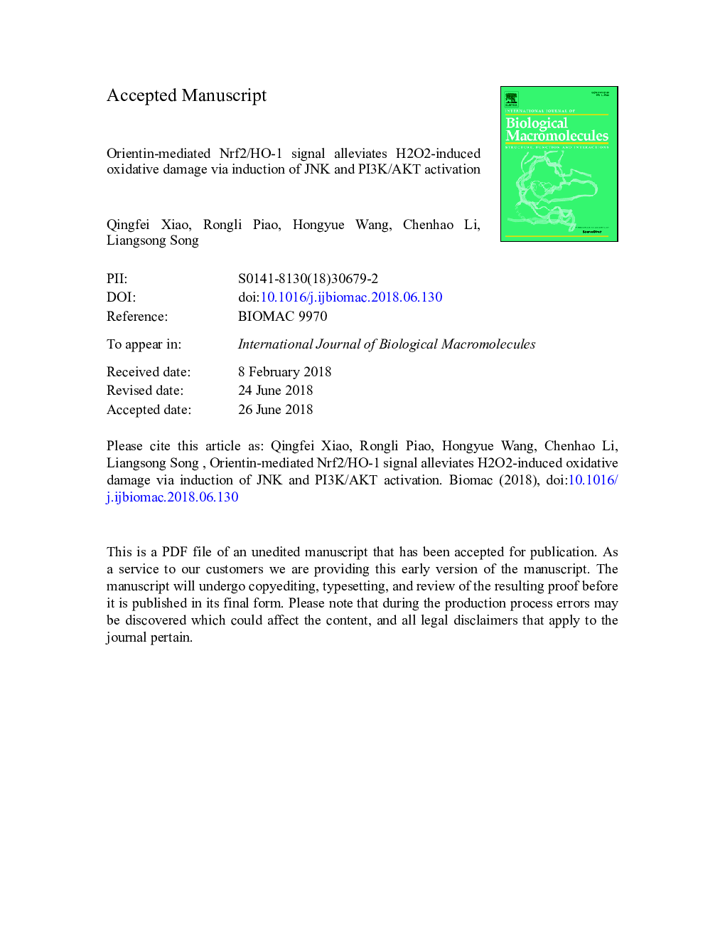 Orientin-mediated Nrf2/HO-1 signal alleviates H2O2-induced oxidative damage via induction of JNK and PI3K/AKT activation