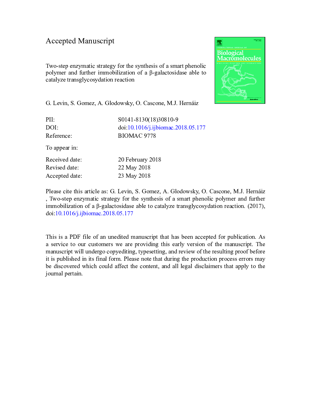 Two-step enzymatic strategy for the synthesis of a smart phenolic polymer and further immobilization of a Î²-galactosidase able to catalyze transglycosydation reaction