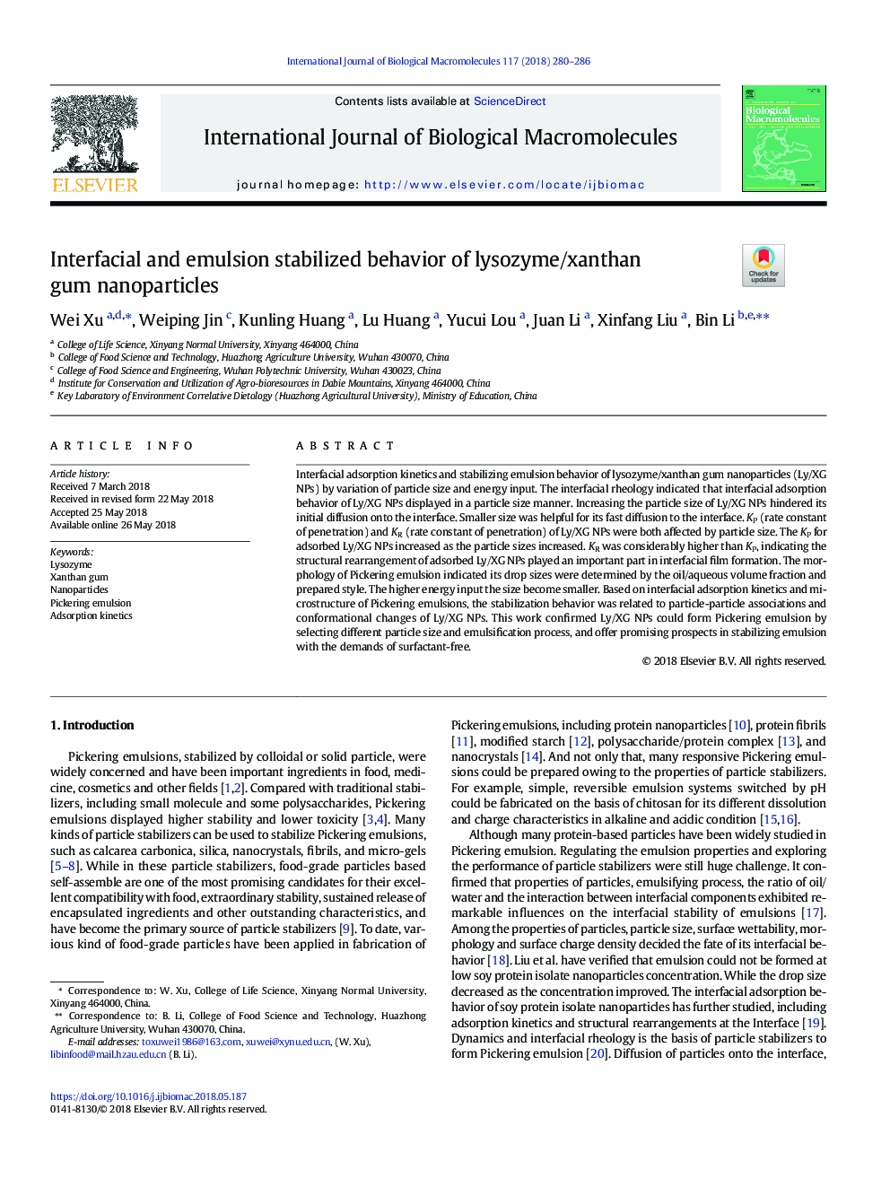 Interfacial and emulsion stabilized behavior of lysozyme/xanthan gum nanoparticles