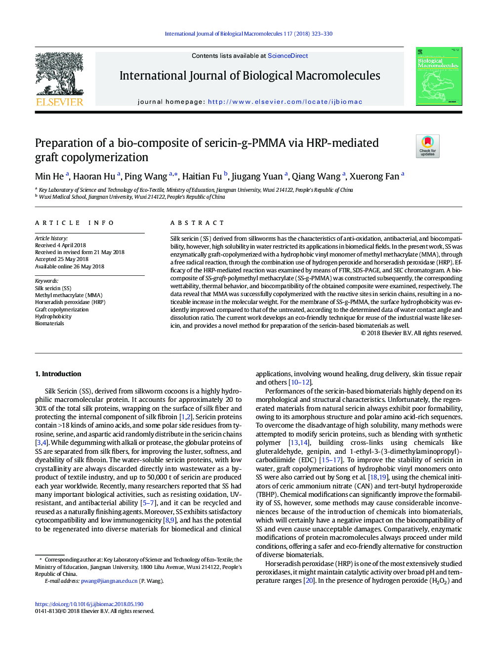 Preparation of a bio-composite of sericin-g-PMMA via HRP-mediated graft copolymerization