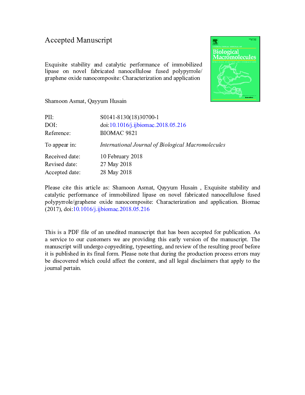 Exquisite stability and catalytic performance of immobilized lipase on novel fabricated nanocellulose fused polypyrrole/graphene oxide nanocomposite: Characterization and application