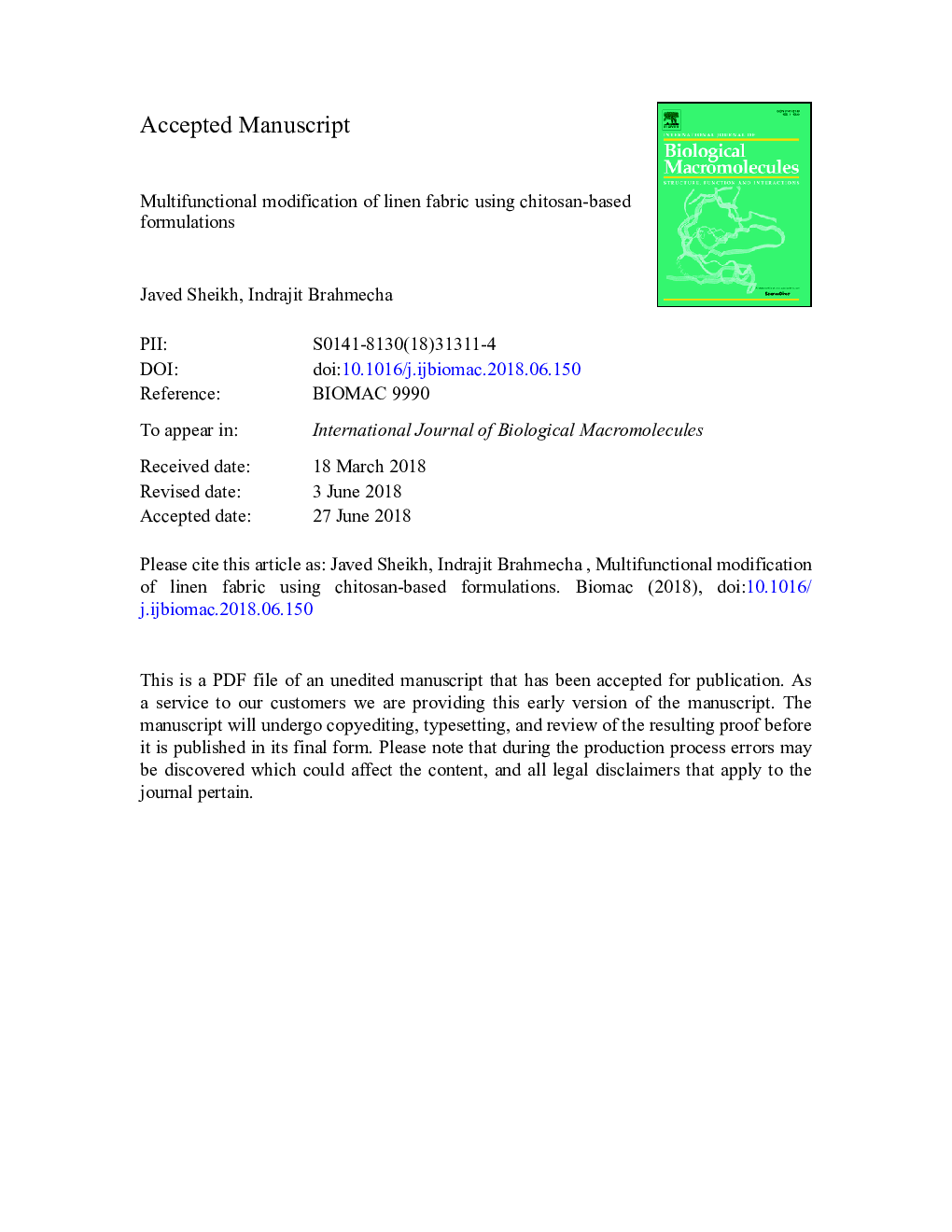 Multifunctional modification of linen fabric using chitosan-based formulations