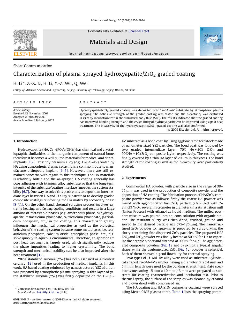 Characterization of plasma sprayed hydroxyapatite/ZrO2 graded coating