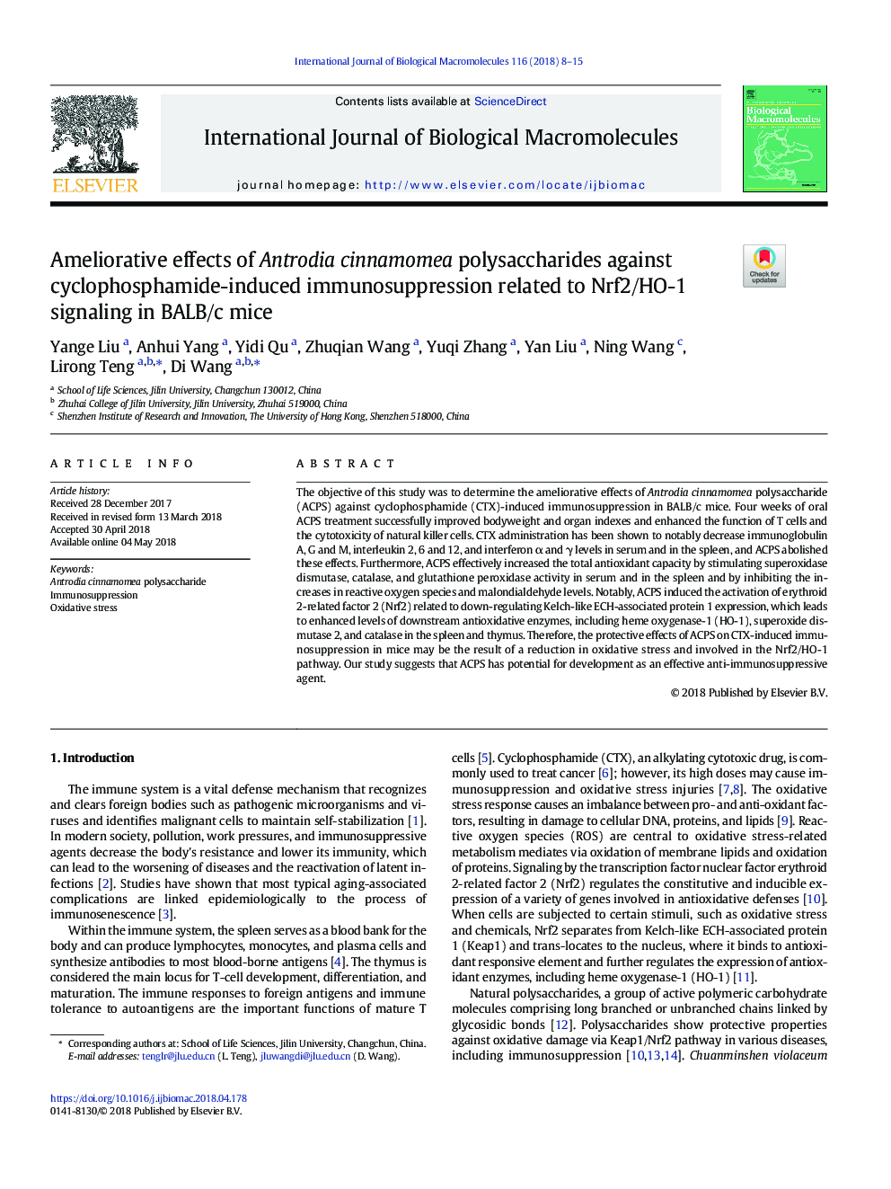 Ameliorative effects of Antrodia cinnamomea polysaccharides against cyclophosphamide-induced immunosuppression related to Nrf2/HO-1 signaling in BALB/c mice