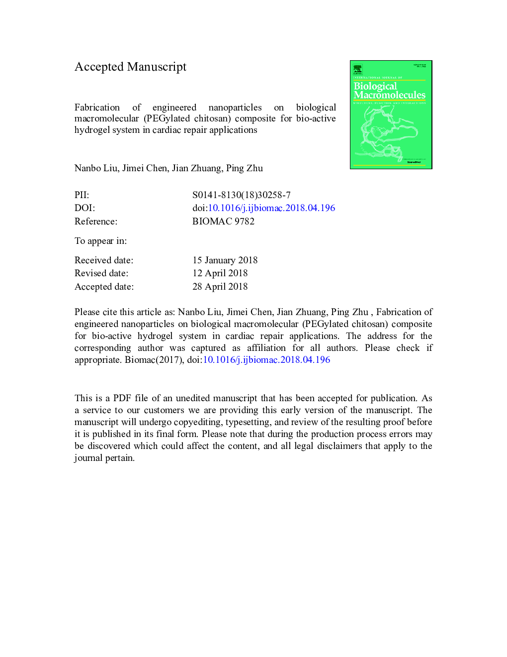 Fabrication of engineered nanoparticles on biological macromolecular (PEGylated chitosan) composite for bio-active hydrogel system in cardiac repair applications