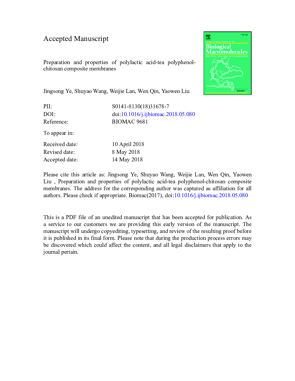 Preparation and properties of polylactic acid-tea polyphenol-chitosan composite membranes