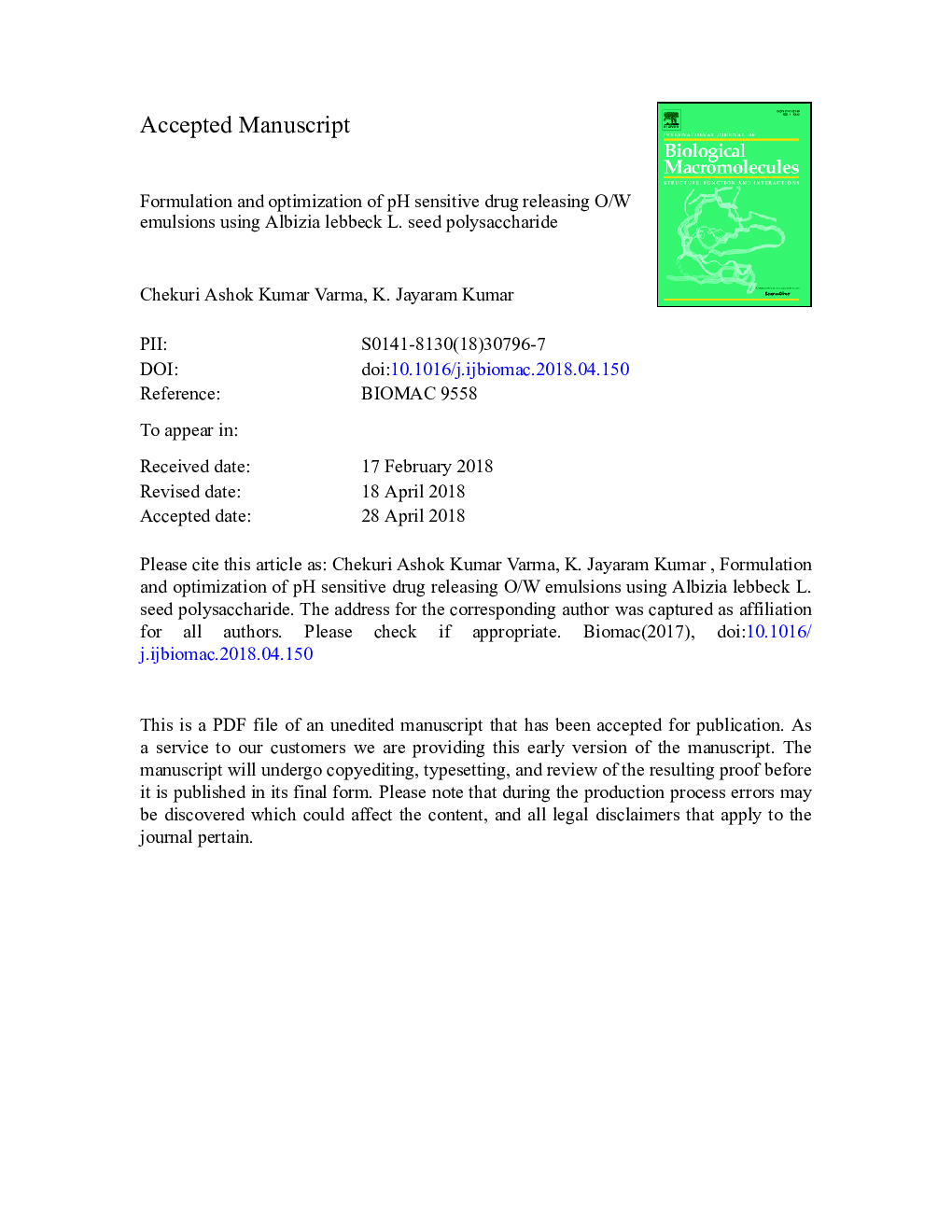 Formulation and optimization of pH sensitive drug releasing O/W emulsions using Albizia lebbeck L. seed polysaccharide