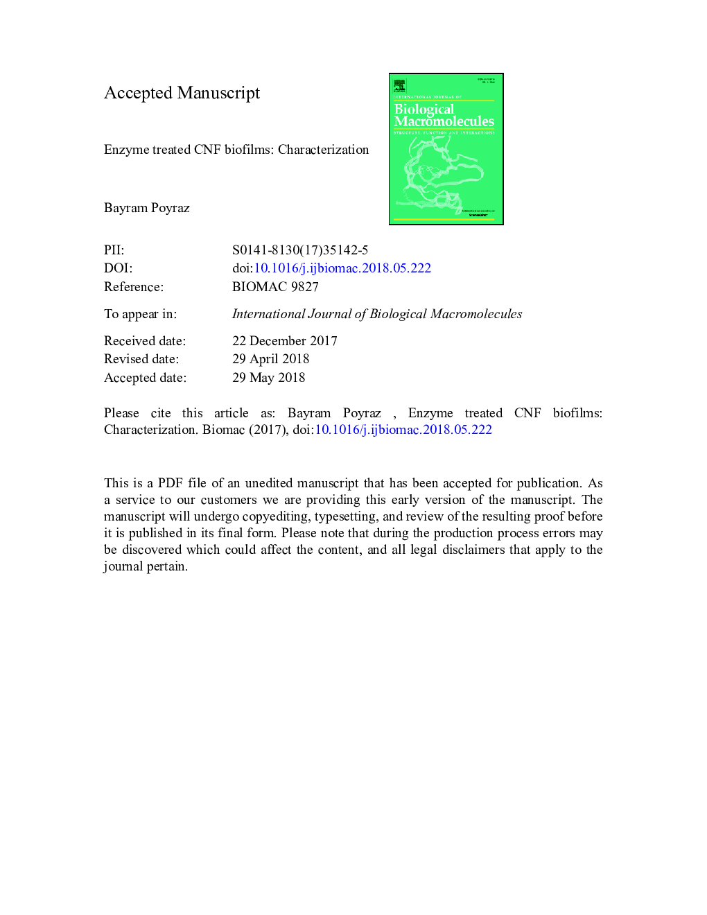 Enzyme treated CNF biofilms: Characterization