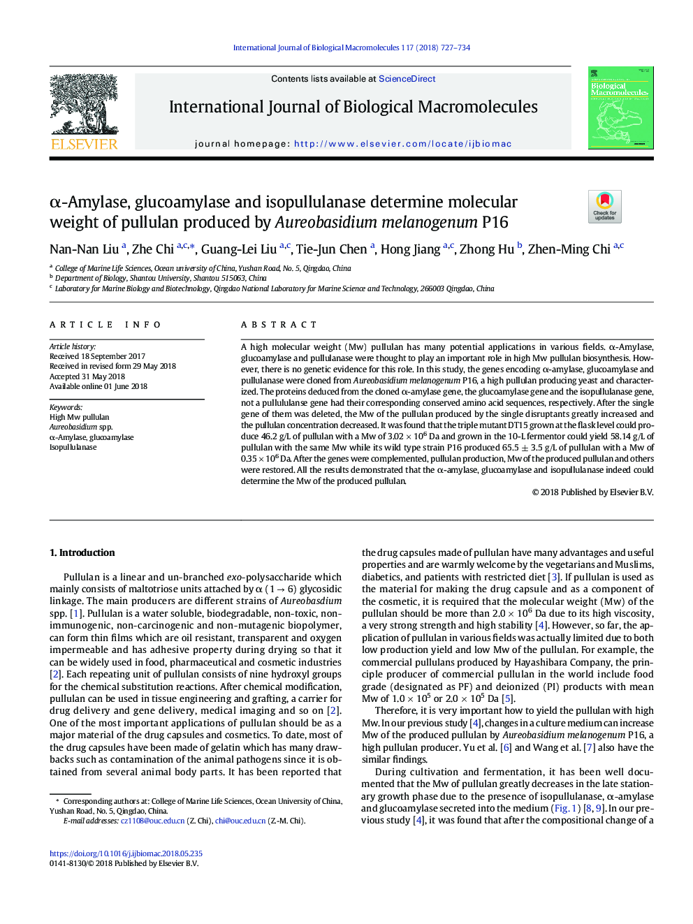 Î±-Amylase, glucoamylase and isopullulanase determine molecular weight of pullulan produced by Aureobasidium melanogenum P16