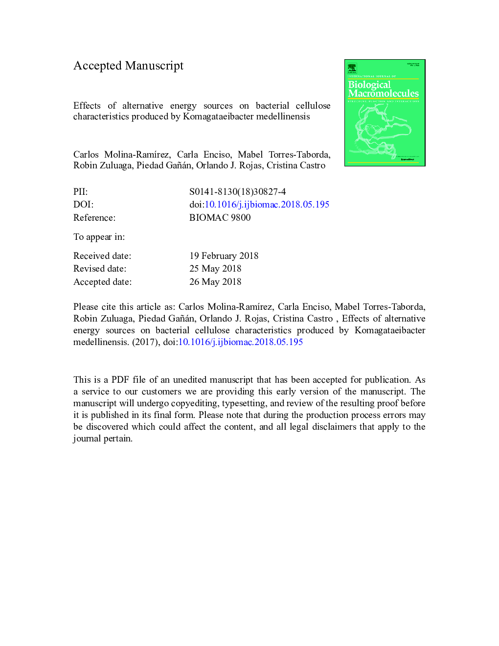 Effects of alternative energy sources on bacterial cellulose characteristics produced by Komagataeibacter medellinensis