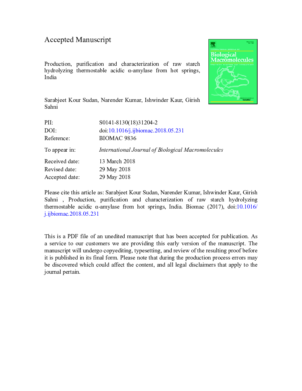 Production, purification and characterization of raw starch hydrolyzing thermostable acidic Î±-amylase from hot springs, India