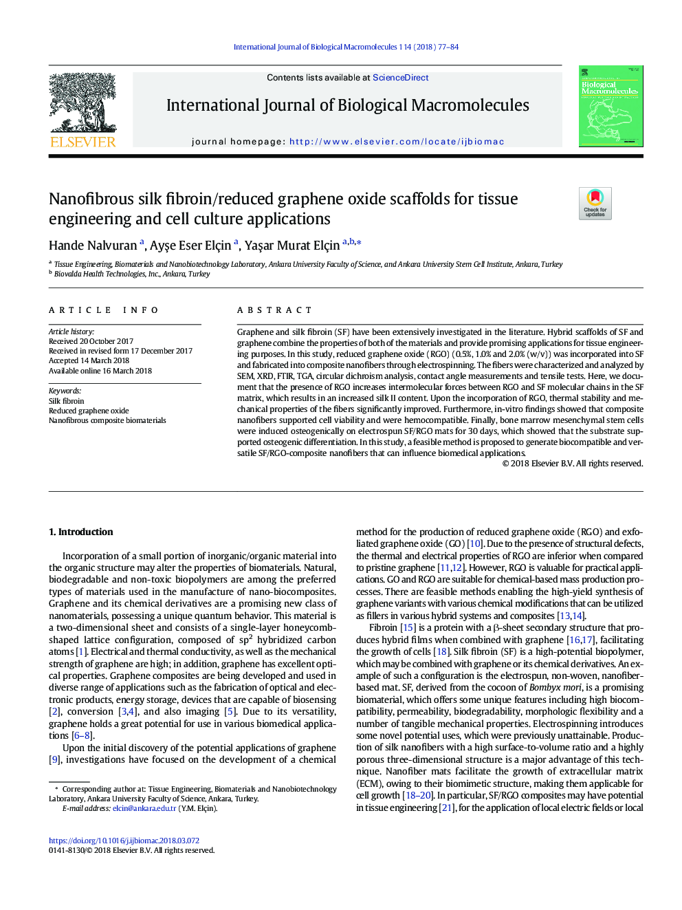 فیبرن ابریشمی نانوفیلین / داربست اکسید گرافین کاهش یافته برای مهندسی بافت و کاربردهای کشت سلولی 