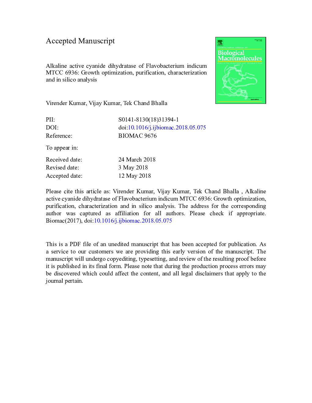 Alkaline active cyanide dihydratase of Flavobacterium indicum MTCC 6936: Growth optimization, purification, characterization and in silico analysis