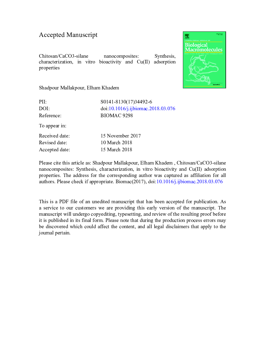 Chitosan/CaCO3-silane nanocomposites: Synthesis, characterization, in vitro bioactivity and Cu(II) adsorption properties