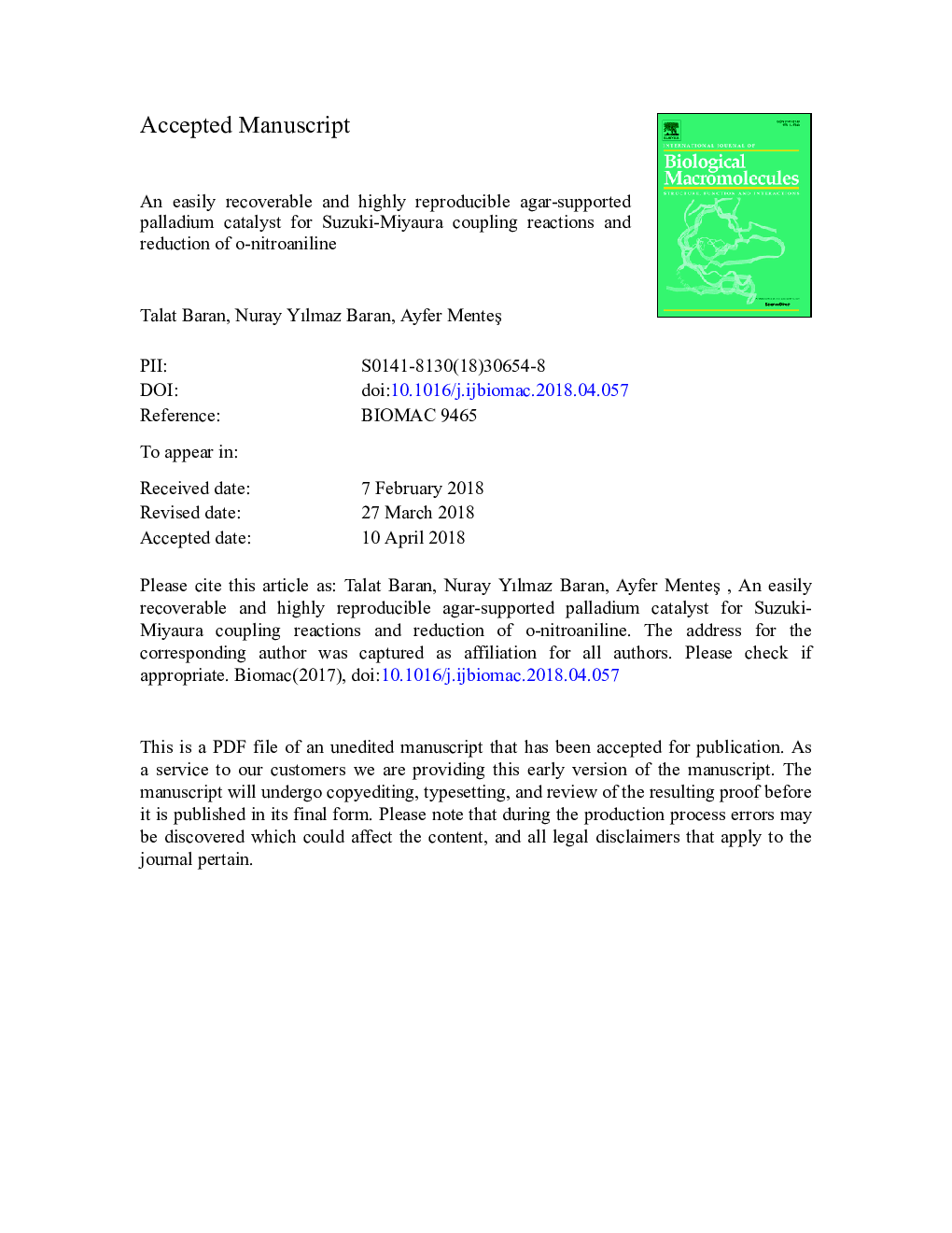 An easily recoverable and highly reproducible agar-supported palladium catalyst for Suzuki-Miyaura coupling reactions and reduction of o-nitroaniline